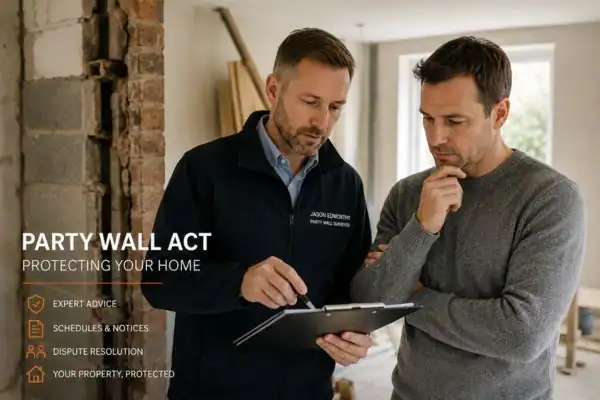 Party wall surveyor East Grinstead discussing extension plans with homeowner outside a UK semi-detached house.